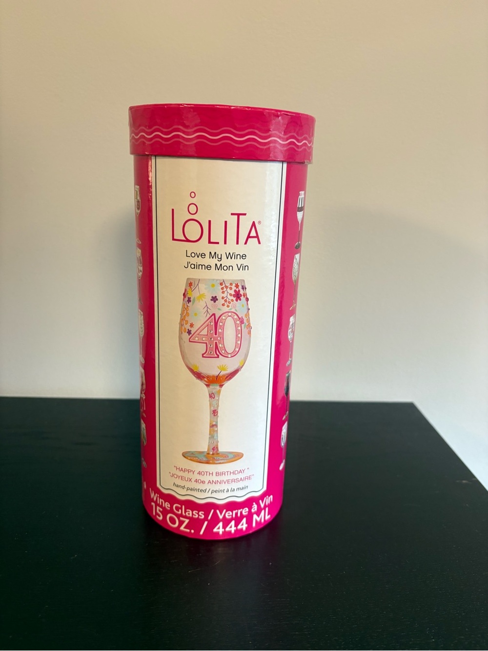 Brand new Lolita Happy 40th Birthday Handpainted Wine Glass, 15 oz.